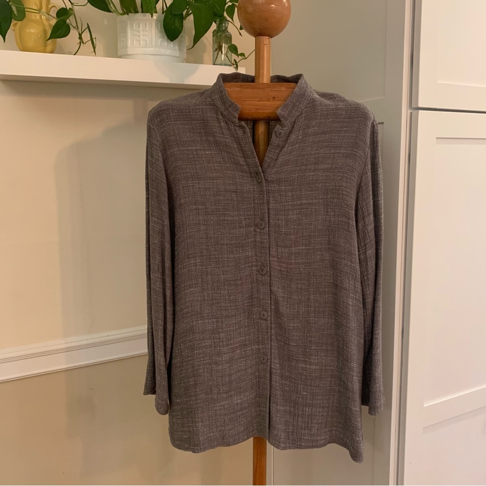 Eileen Fisher Viscose & Linen Crinkled Band Collar Button-Up Shirt M